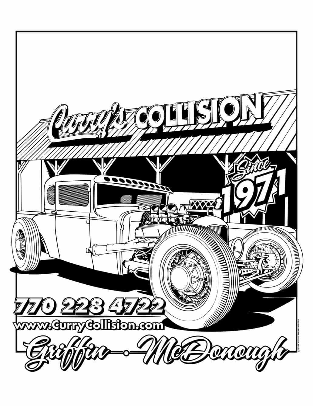 Vintage car, Curry's Collision logo.